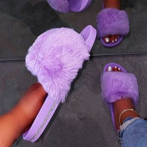 NEW🔥Open Toe Fur Rhinestone Platform Slide Sandal